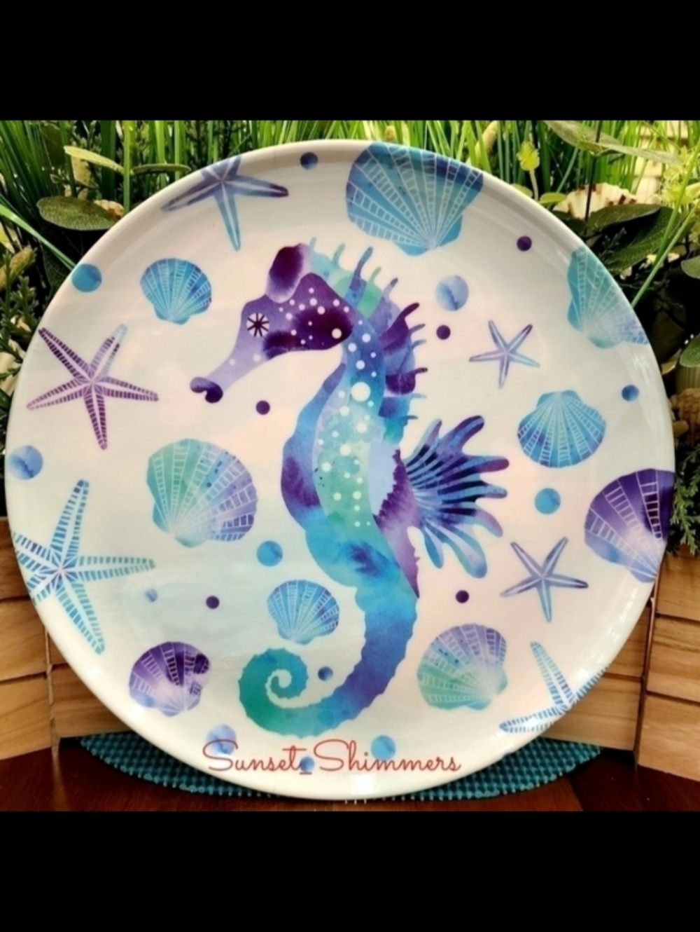 6 Coastal Seahorse Starfish Shell Ocean Watercolor Melamine Dinner Plate Set NEW